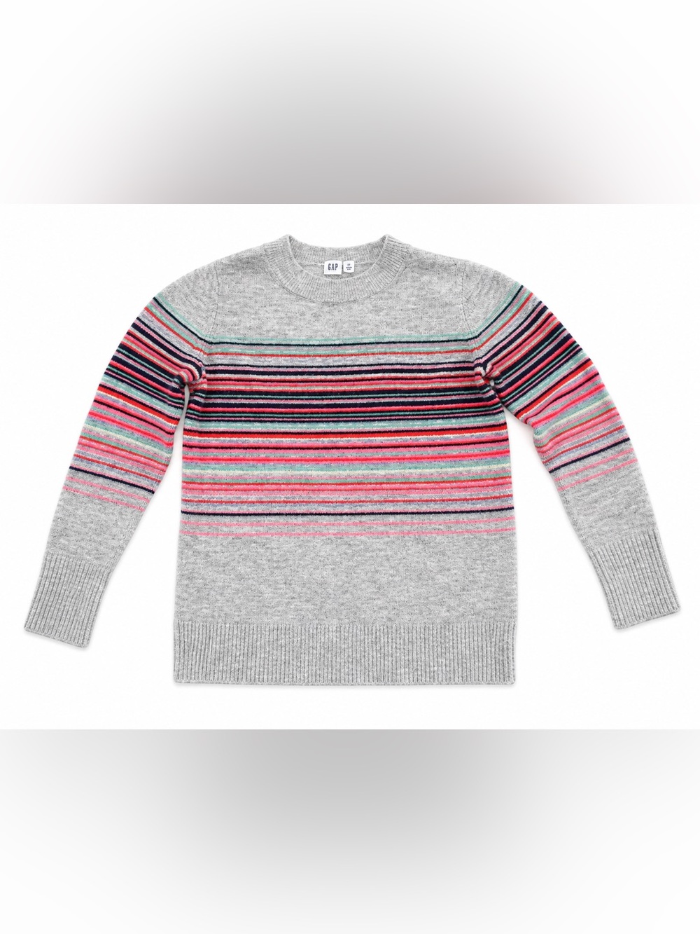 GAP Gray Crewneck Sweater with Pink and Navy Stripes